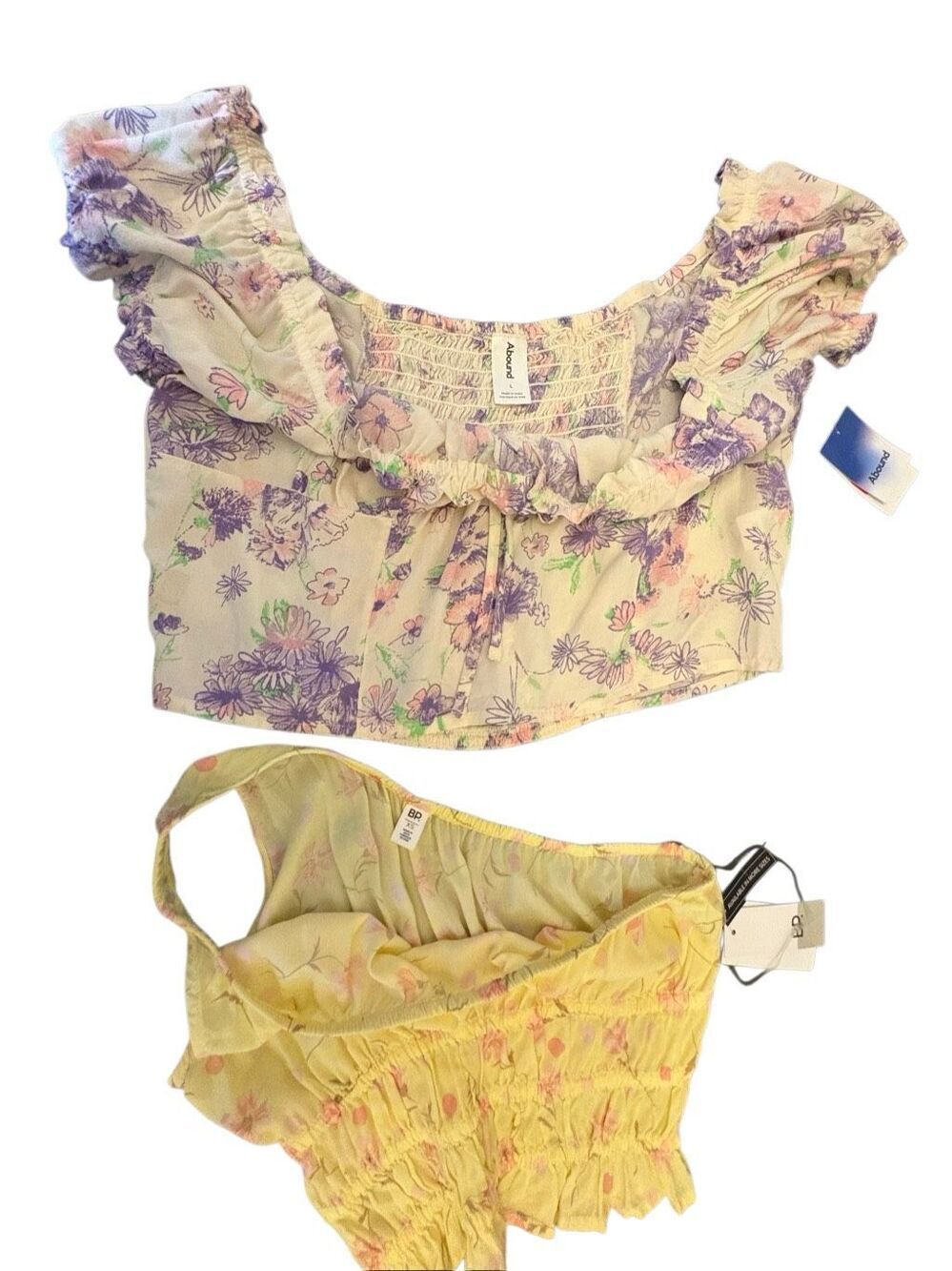 Abound Floral Puff Sleeve Crop Top Cream Purple Pink Size Small